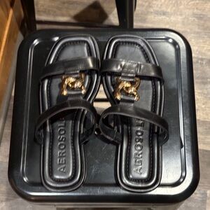 AEROSOLES Black Sandals with Gold Chain Detail